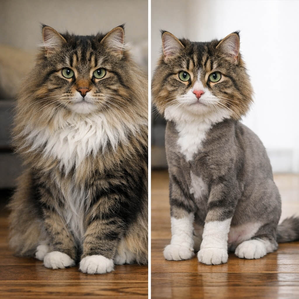 Before and after comparison of a long-haired cat with a lion cut grooming style in Santa Fe